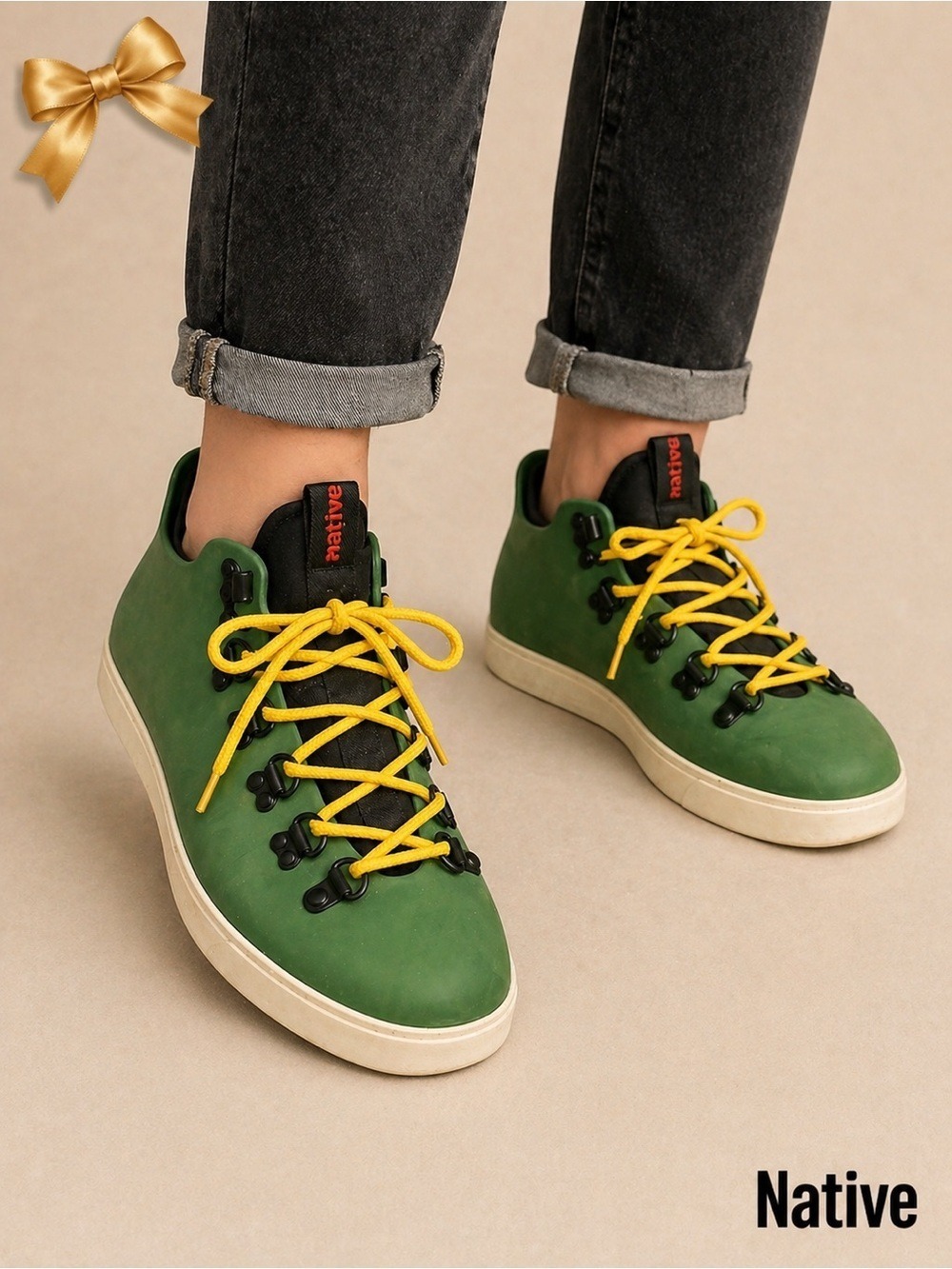 Native High Top Sneakers Green Yellow Ankle Cuff Lightweight Size 10